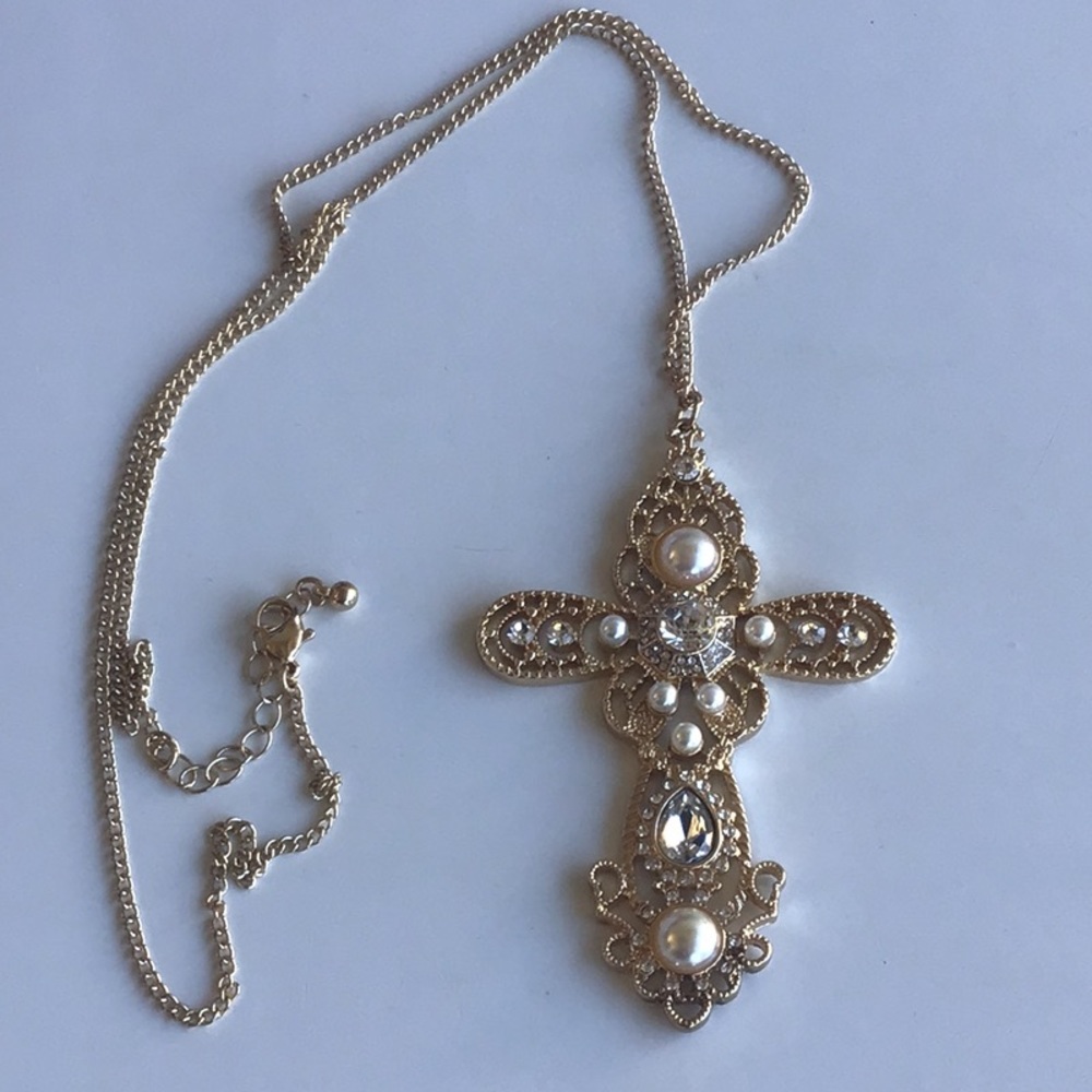 Cross Gold toned crystal jewel and faux pearl Pendant Necklace